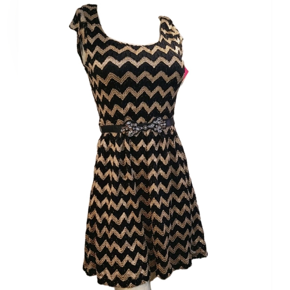 NWT Candies Black & Gold Black Tie Women's Dress Size Medium w/Jewel Black Belt